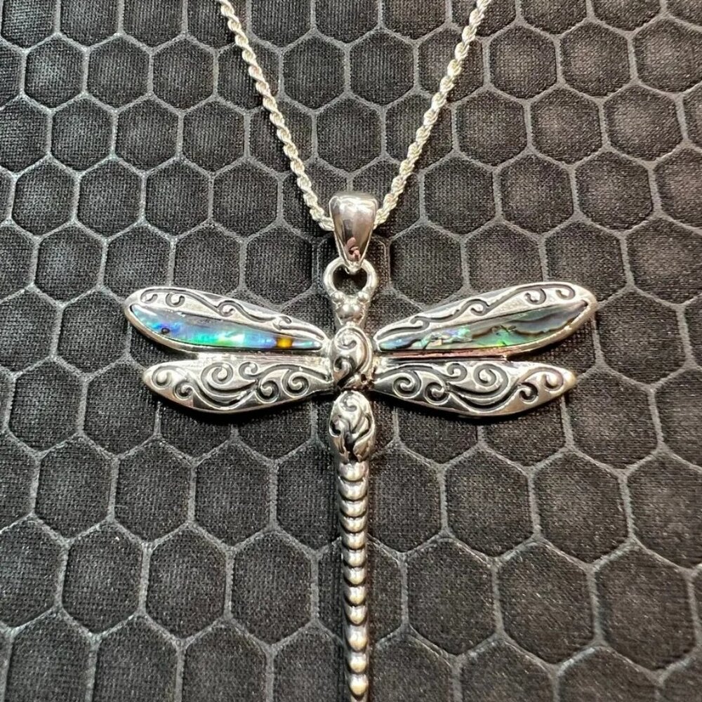 Dragonfly Necklace with Green Abalone Stones 18K White Gold Plated